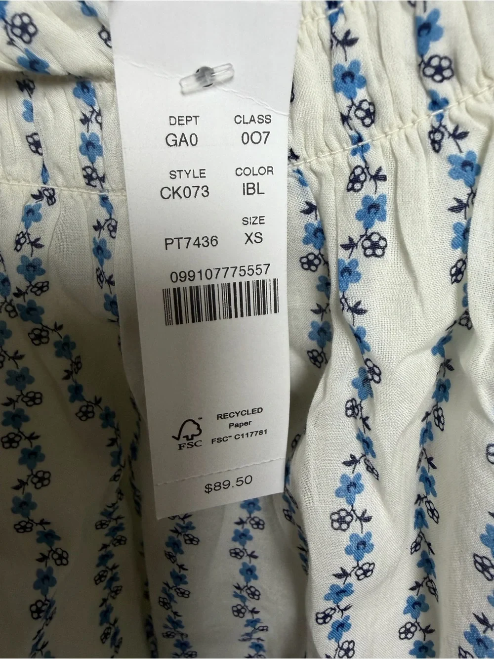 J. Crew Puff Sleeve White Blue Floral Women's XS New